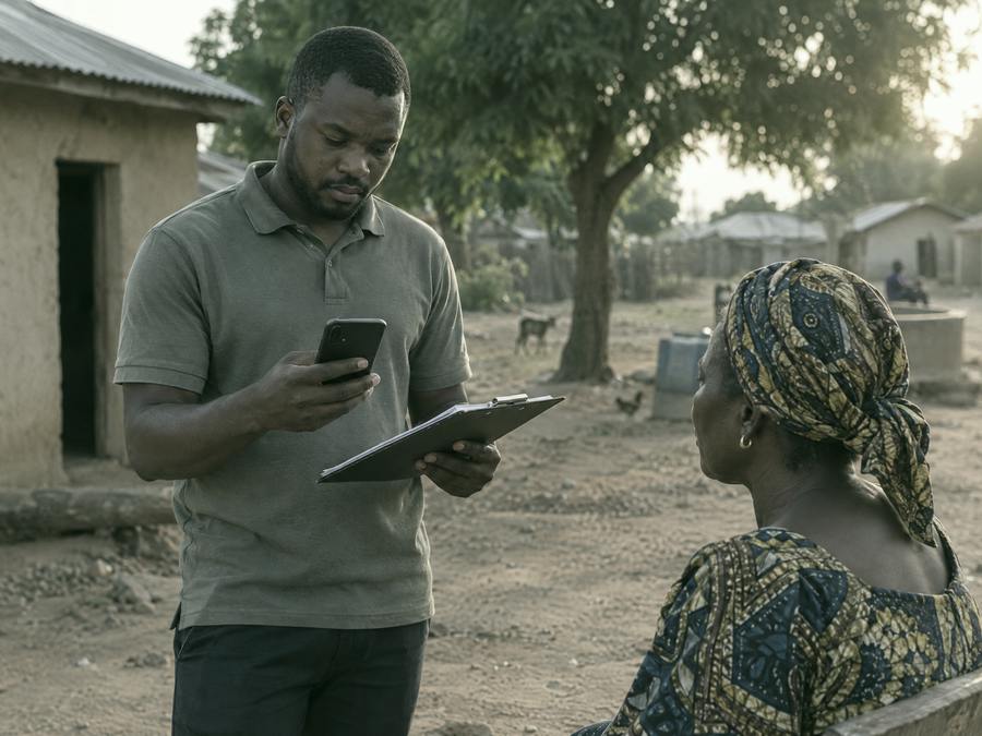 A field officer recording household details during a verification exercise